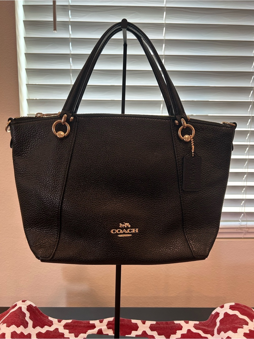 Coach Pebbled Leather Kacey Satchel in Black with Crossbody Strap.